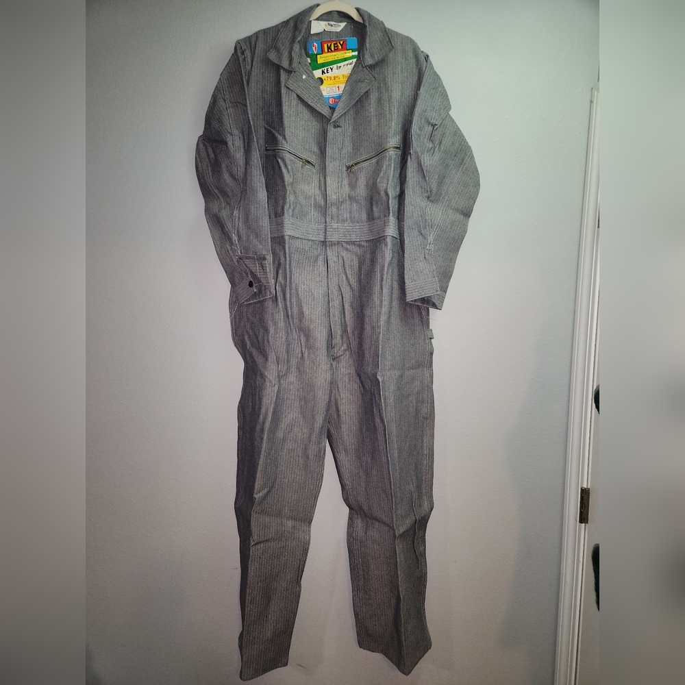 Vtg NWT Key Imperials Coveralls Blue Herringbone Work Farm Trucker Mens 44 Reg.